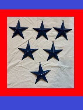 Set of Six Blue Painted Tin Stars w/ Hanging Loop 6 3/4" X 6 3/4" Six (6) 16006B